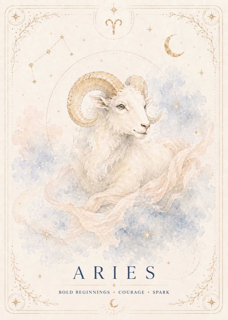 Aries zodiac card illustration