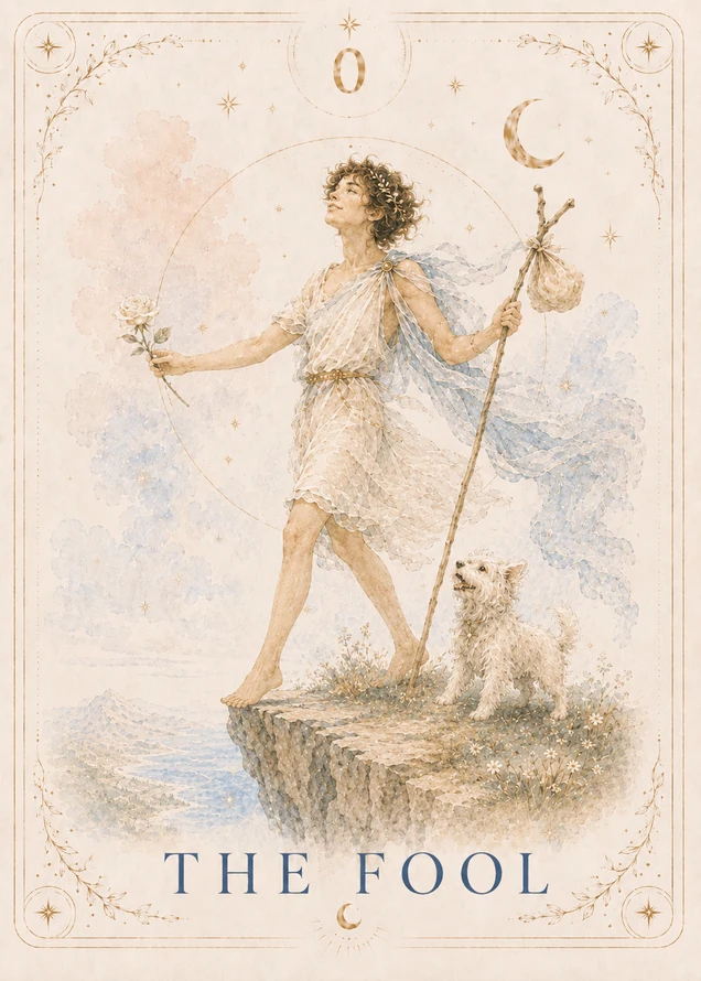 A barefoot traveler holding a white rose and a staff stands at a cliff edge beside a small white dog, with a decorative gold crescent above.