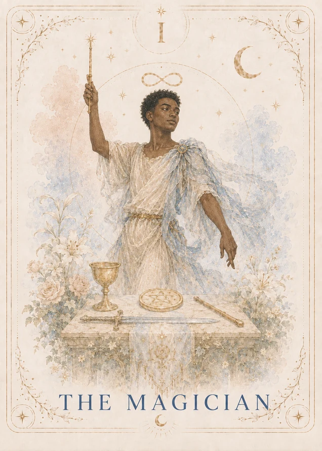 A dark-skinned figure in cream and blue robes raises a wand while pointing toward a table holding a cup, pentacle, sword, and second wand beneath an infinity sign.