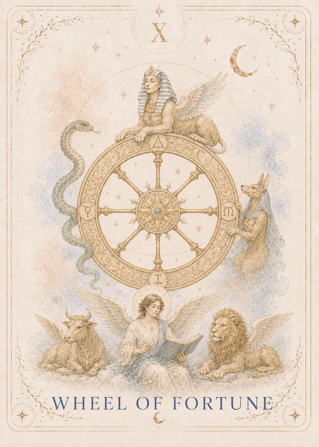 A large golden wheel is surrounded by a serpent, a jackal-headed figure, and a winged sphinx, while an angel, winged bull, and winged lion sit with books below.