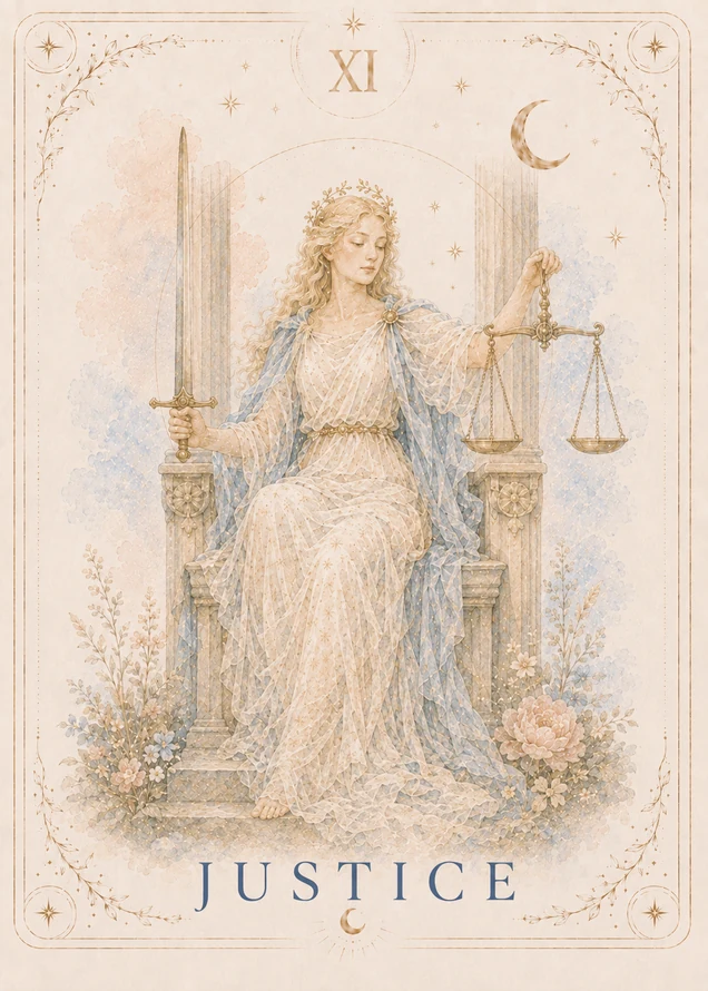 A seated woman in cream robes and a blue cloak holds an upright sword and suspended gold scales between two stone columns.
