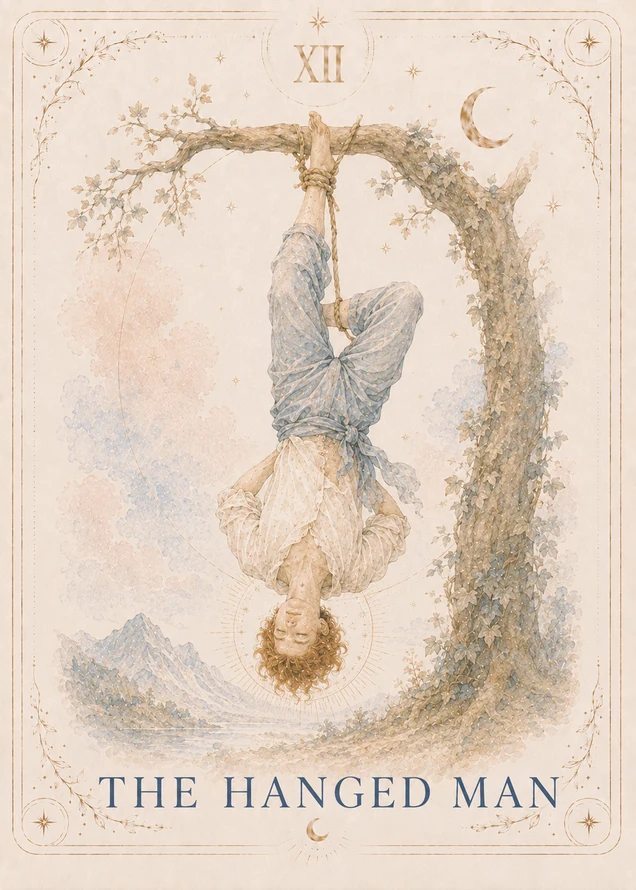 A red-haired figure hangs by one bound ankle from a leafy tree, the other leg bent, with a radiant circle around their head above a river and mountains.