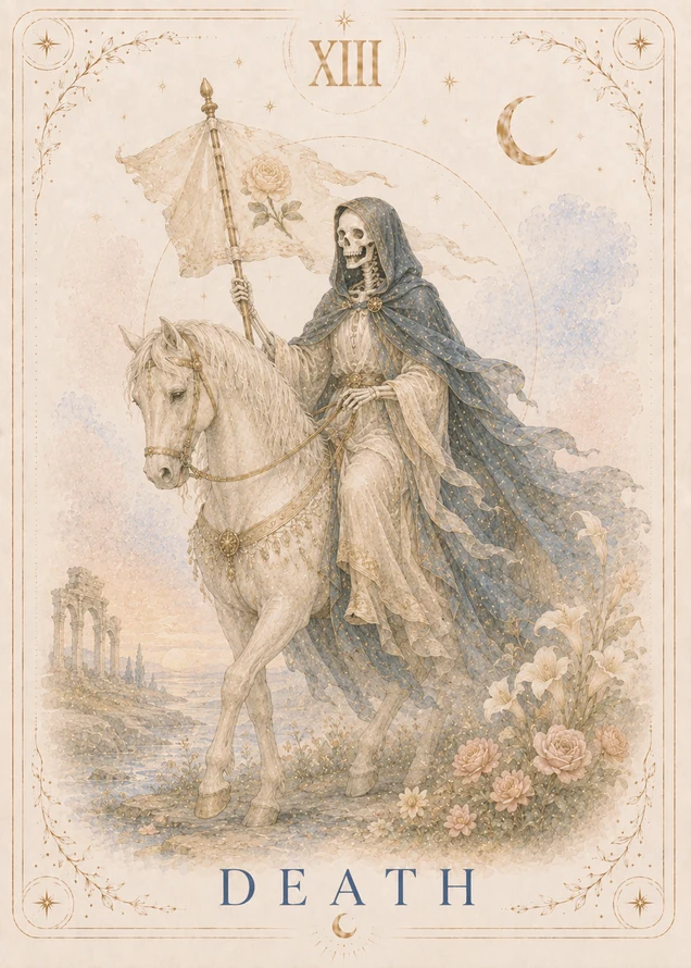 A cloaked skeleton rides a pale horse carrying a rose banner past ruined columns and flowering plants, with a decorative gold crescent at the upper right.