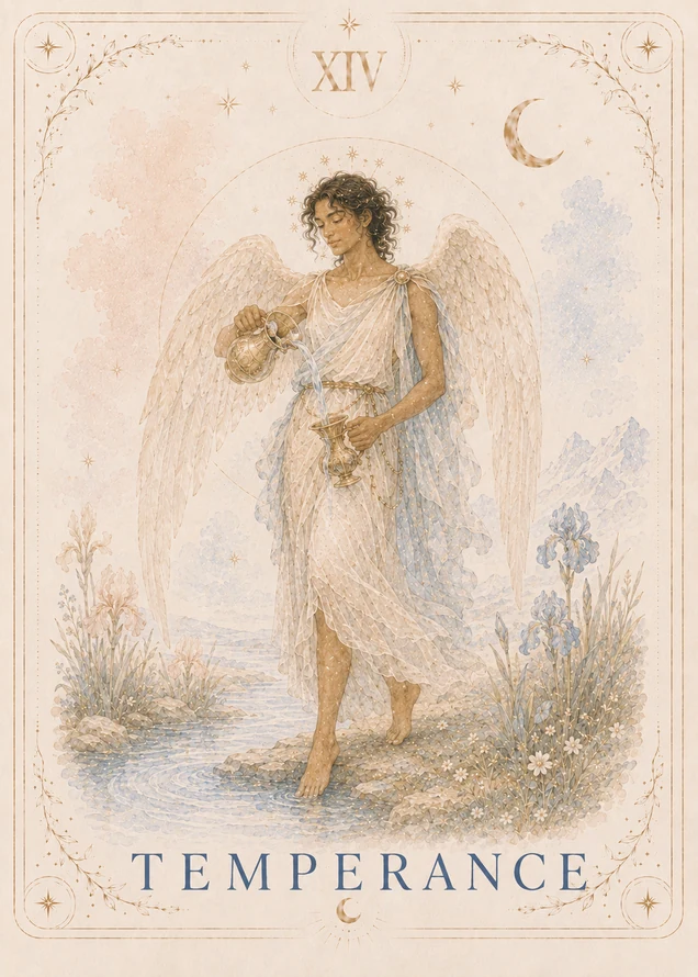 A winged figure in cream and blue pours water between two gold vessels while standing with one bare foot in a stream and one on the bank, with a decorative gold crescent at the upper right.