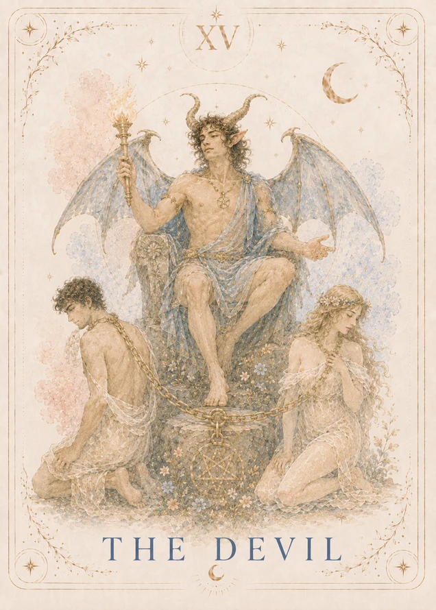 A horned, winged figure holds a flaming torch above two kneeling figures joined by a gold chain to a flowered stone pedestal bearing a gold pentagram.