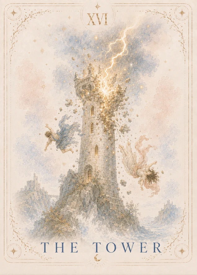 Lightning strikes a stone tower on a rocky peak as its crown breaks apart and two figures fall through blue and blush clouds.