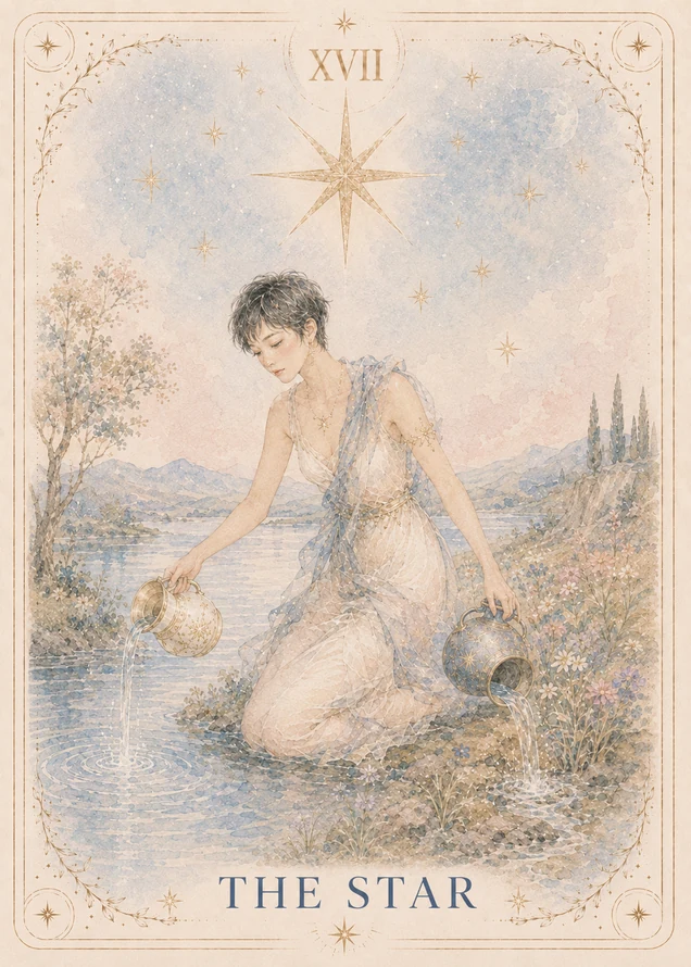 A kneeling figure pours water from two vessels beside a lake beneath one large eight-pointed star and a pale blue sky.