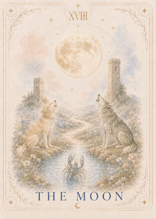 A luminous full moon hangs above two stone towers while a pale dog and dark wolf howl beside a winding path and a crayfish emerges from a stream.