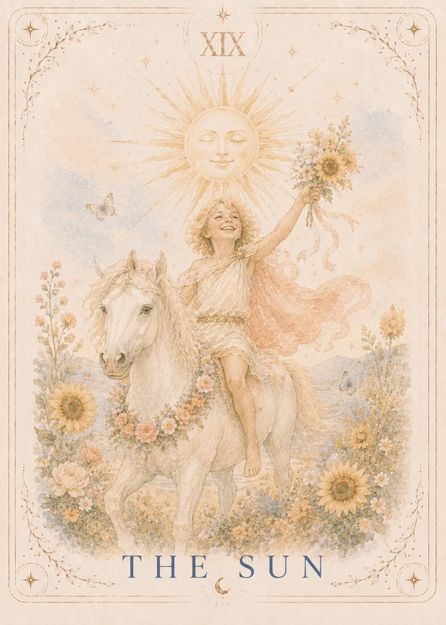 A smiling child in cream and coral rides a white horse through sunflowers and roses, lifting a flower bouquet beneath a large golden sun and two butterflies.