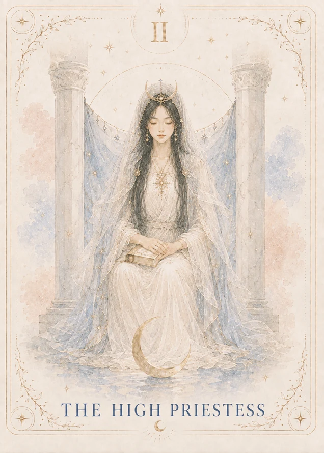 A seated woman with closed eyes rests a book and rolled scroll in her lap between two pale columns, surrounded by a starry blue veil and two crescent moons.
