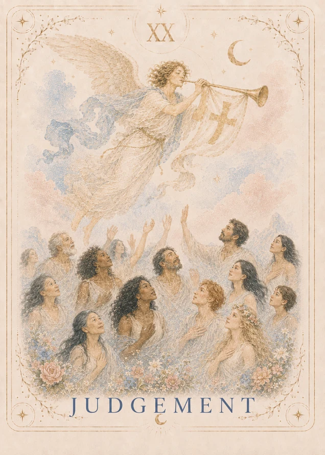 A winged figure blows a long golden trumpet above a diverse crowd of adults reaching upward amid flowers, with a decorative gold crescent at the upper right.