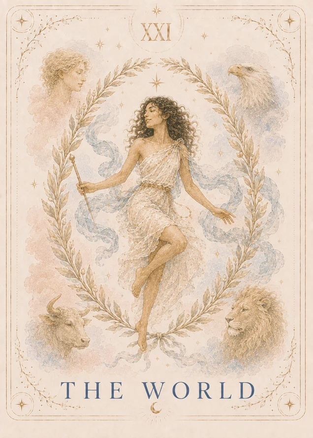 A dark-haired figure in flowing cream and blue drapery floats inside an oval laurel wreath, holding a gold wand and surrounded by a human face, eagle, bull, and lion.