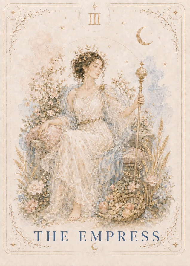 A seated woman in cream and blue robes holds a tall gold scepter amid flowers, wheat and fruit, with a decorative gold crescent above.