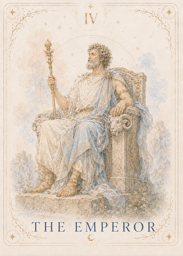 A bearded figure in cream and blue robes sits on a stone throne carved with ram heads, holding a tall gold scepter before pale mountain temples.