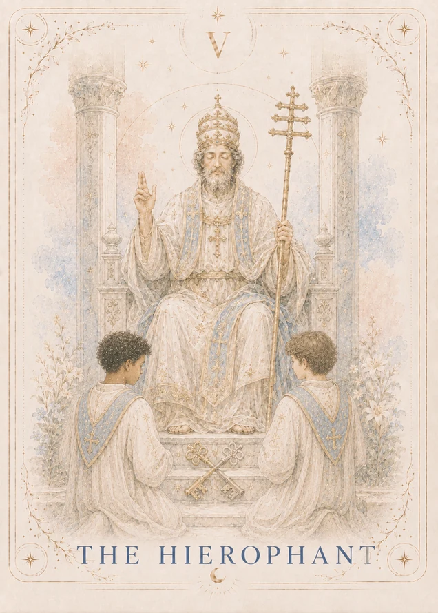 A robed religious figure sits between two carved columns, blessing two kneeling attendants while holding a triple cross above crossed gold keys.