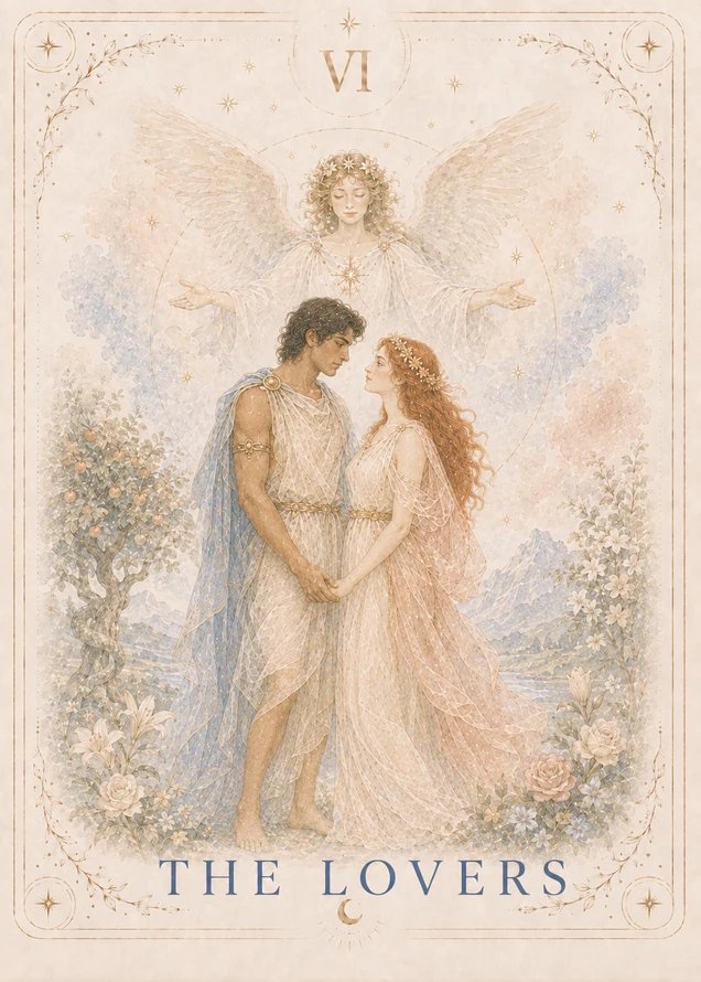 Two figures stand hand in hand beneath a winged angel, framed by flowering plants, fruit trees, mountains, and stars.