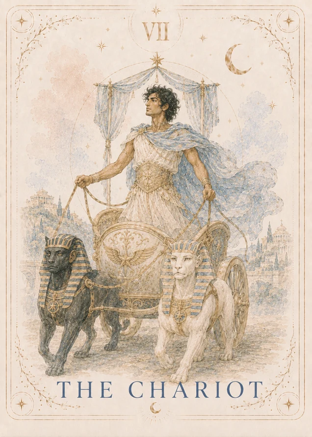 A dark-haired figure stands in a gold chariot beneath a blue starry canopy, holding reins that lead to one black and one white sphinx.