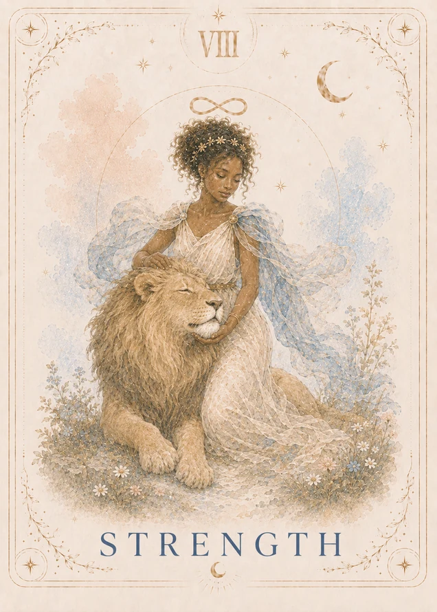 A woman in a white dress rests one hand on a calm lion beneath an infinity symbol, with a decorative gold crescent at the upper right.