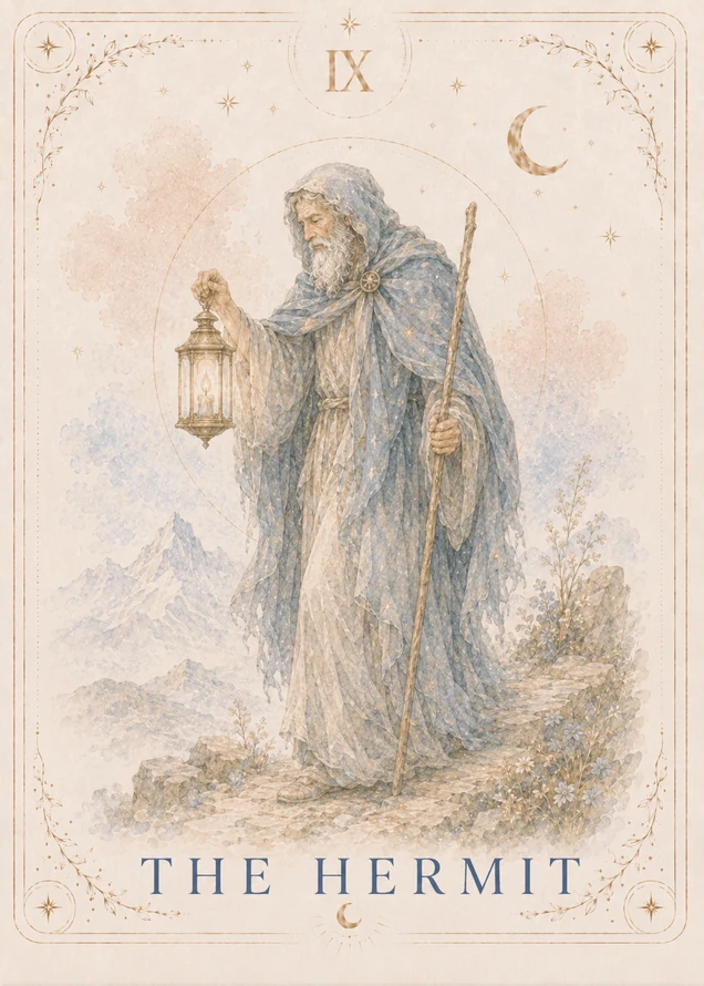A hooded older figure in a blue cloak carries a lit lantern and wooden staff along a rocky mountain path, with a decorative gold crescent at the upper right.