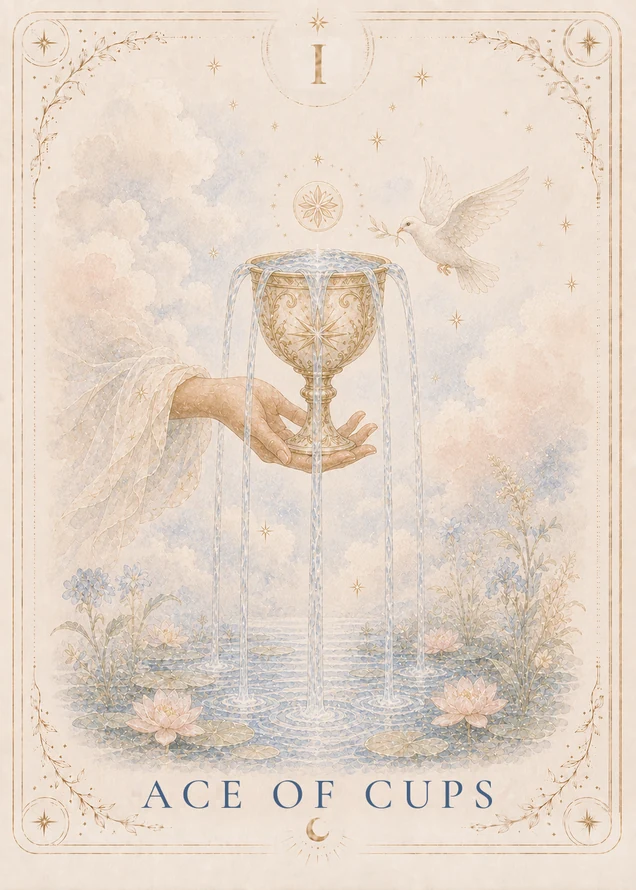 A hand holds an overflowing gold cup above water lilies while a white dove carrying a leafy sprig flies beside it.