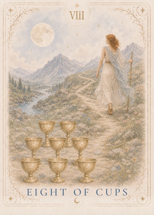 A figure in cream and blue walks with a staff along a rocky path beside a river toward mountains, leaving eight upright gold cups in the foreground beneath a large round moon.
