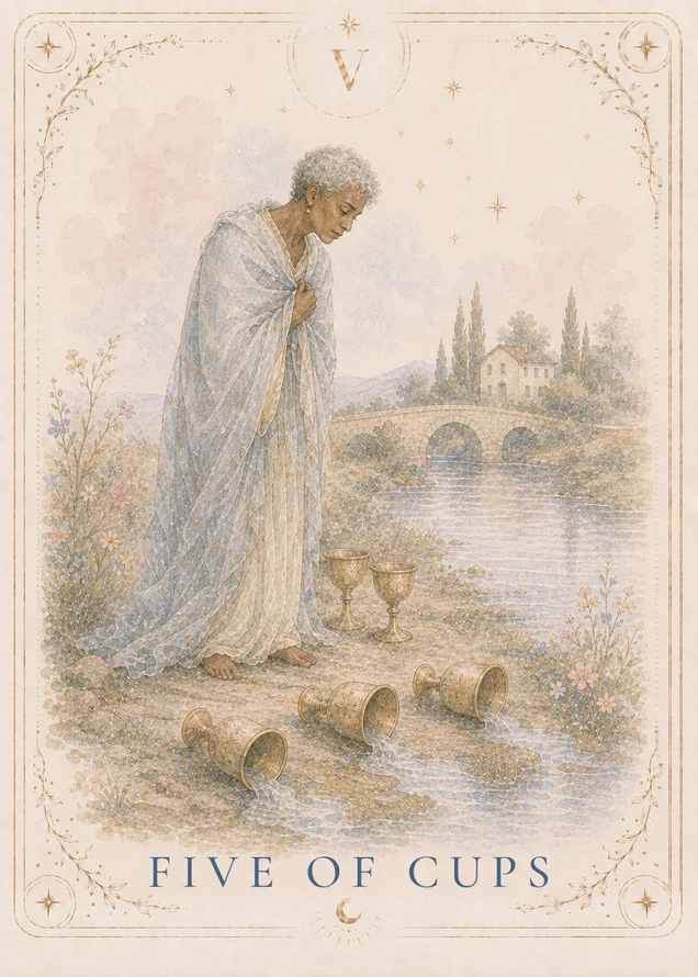 A figure in a pale blue cloak looks down at three spilled gold cups; two cups remain upright beside a river and an arched stone bridge.
