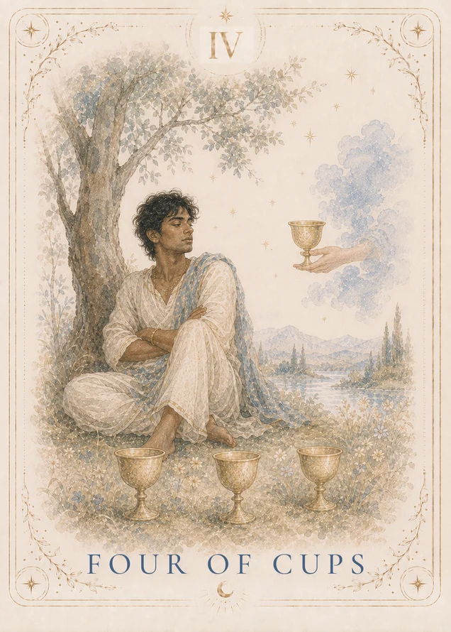 A figure sits beneath a tree with folded arms; three gold cups stand on the ground while a hand from a pale cloud offers a fourth.