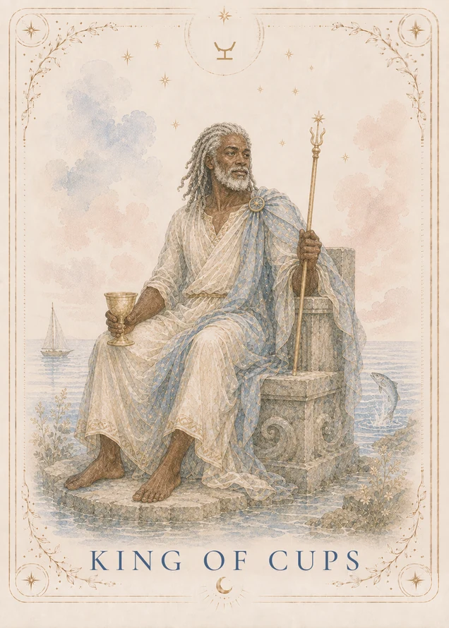 A gray-haired, bearded figure sits barefoot on a carved stone throne beside the sea, holding a gold cup and a long gold staff, with a sailboat to the left and a leaping fish to the right.