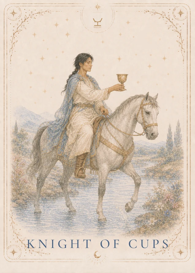 A rider in cream robes and a flowing blue cloak holds an upright gold cup forward as a light gray horse steps through shallow water between flowering banks.