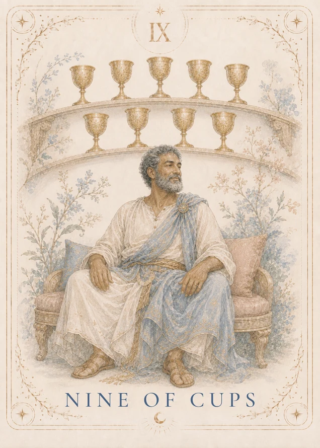 A gray-haired, bearded figure sits on a cushioned bench with hands resting on the legs; nine gold cups stand on two curved shelves behind, five above and four below.