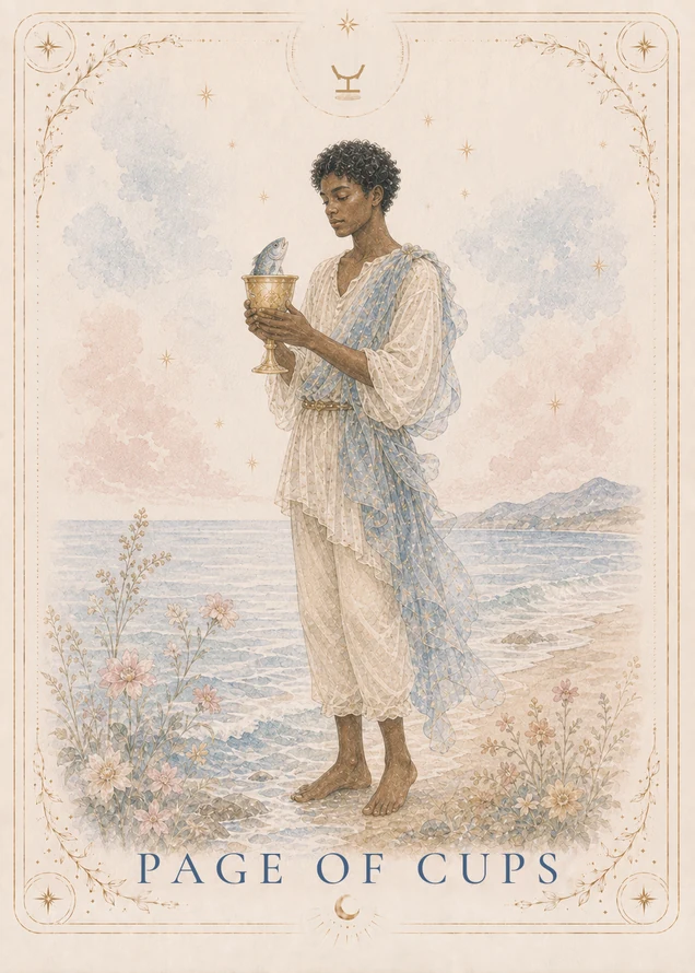 A barefoot figure in cream and blue looks down at a fish emerging from a gold cup held in both hands, beside the sea with flowers and distant hills.