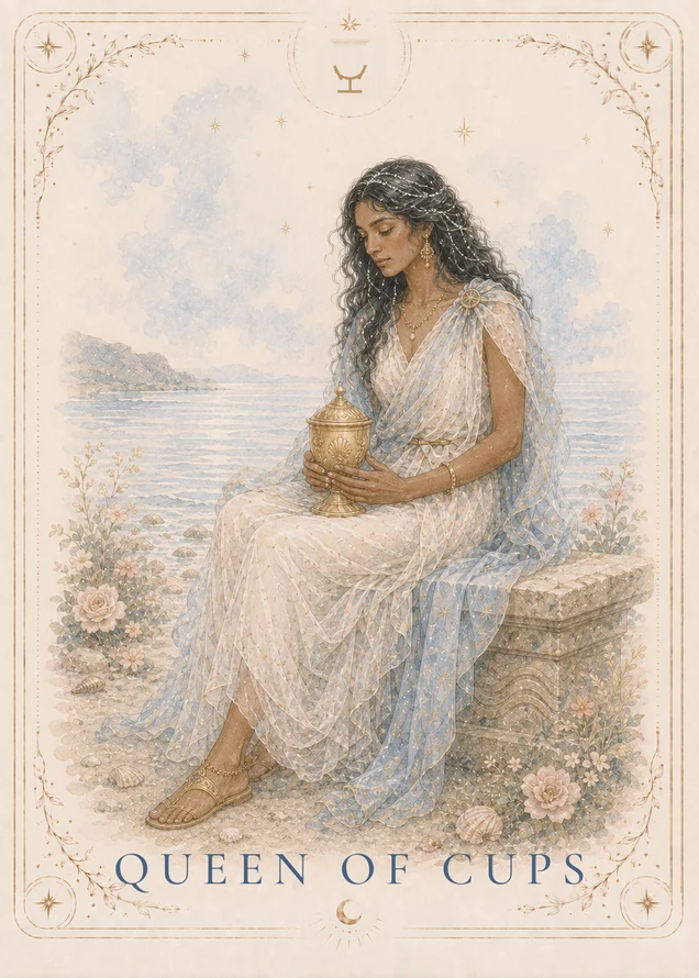 A seated woman in cream and blue holds a lidded gold cup in both hands beside the sea, surrounded by flowers and shells.