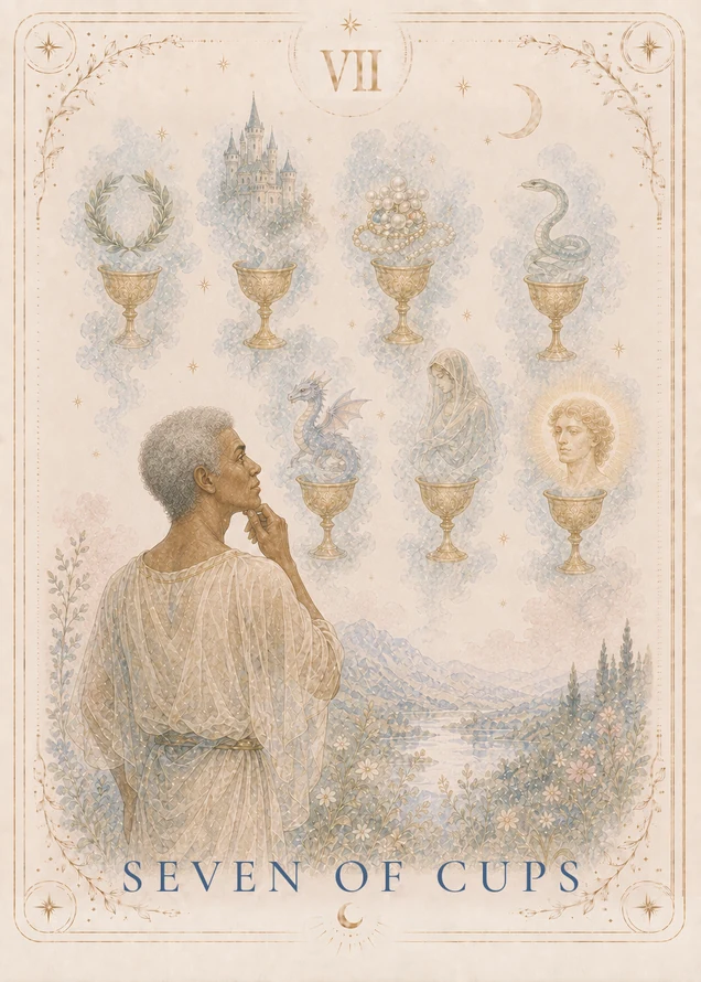 A figure with one hand at the chin looks toward seven floating gold cups, bearing a wreath, castle, jewels, snake, dragon, veiled figure and radiant head among pale clouds.