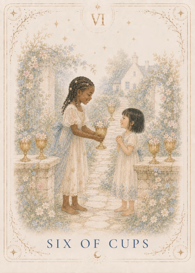 Two barefoot figures face each other on a garden path; the taller offers a flower-filled gold cup to the smaller, with five more flower-filled cups nearby and a house beyond.