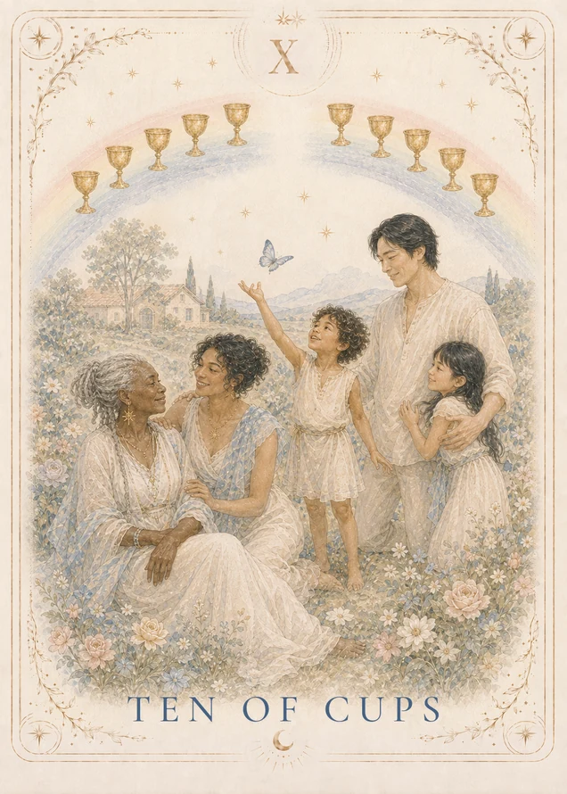 Ten gold cups form a rainbow arch above three adults and two children among flowers, with a house and wooded hills in the distance.