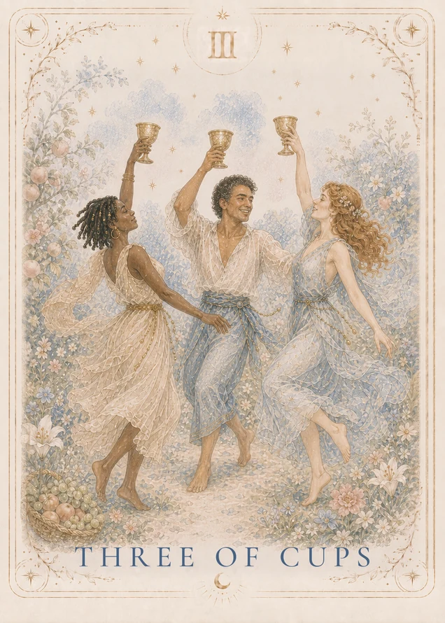 Three barefoot people raise gold cups together among flowers and fruit trees, with a basket of grapes and other fruit at their feet.