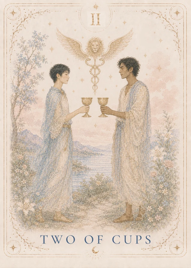 Two people face one another, each holding a gold cup, beneath a winged lion’s head and two serpents winding around a staff.