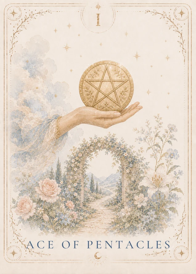 An open hand holds a large gold pentacle above a flowering stone arch, with a path leading through the arch toward distant mountains.