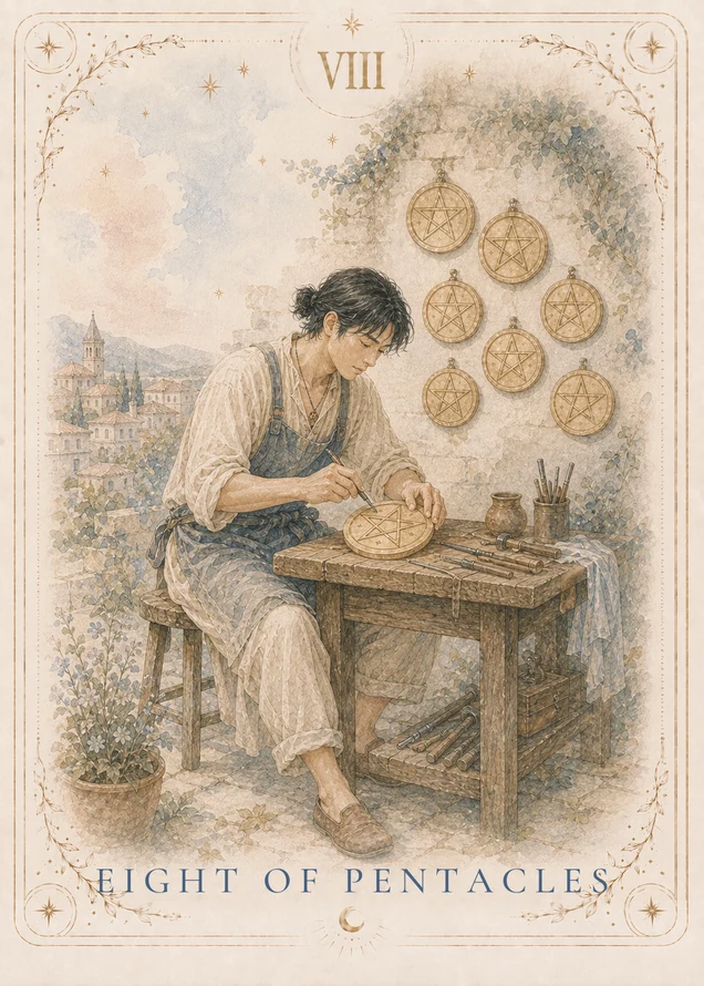 A seated craftsperson works on a gold pentacle at a wooden bench, with seven more disks mounted on the wall, tools nearby, and a town in the distance.