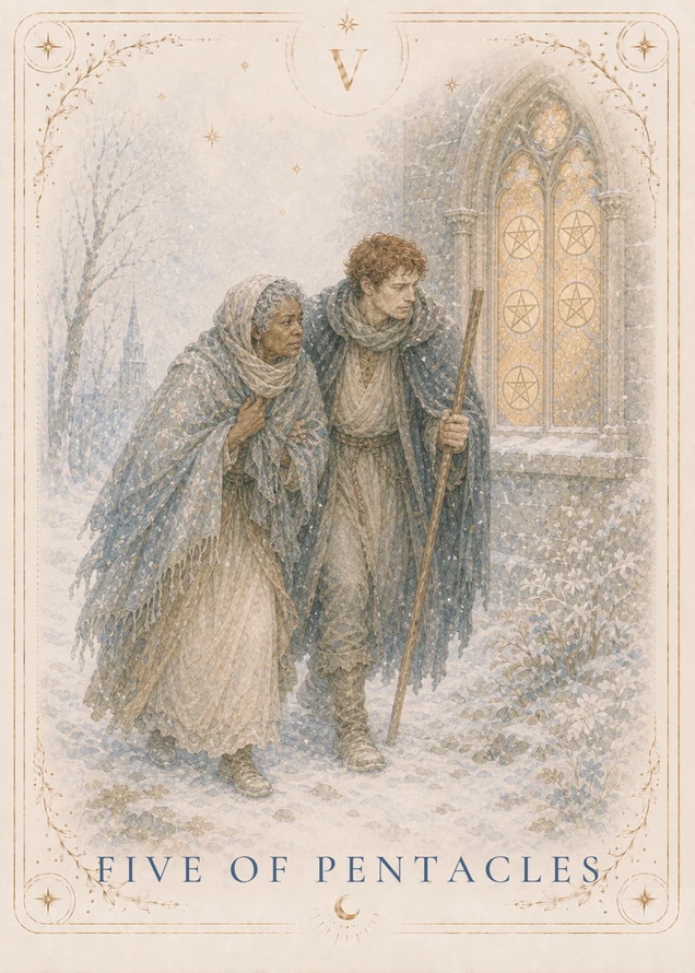 Two cloaked figures walk together through falling snow beside a stone building; one holds a wooden staff, and a glowing arched window contains five pentacles.