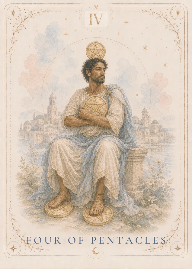 A seated figure clasps a gold pentacle to the chest, with another above the head and one beneath each sandaled foot, against a background of pale city buildings.