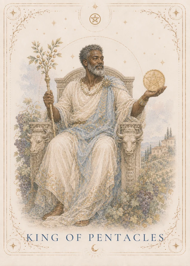 A gray-bearded figure sits on a throne carved with bull heads, holding a leafy scepter and a gold pentacle on an open palm, with grapes and vines around the throne.