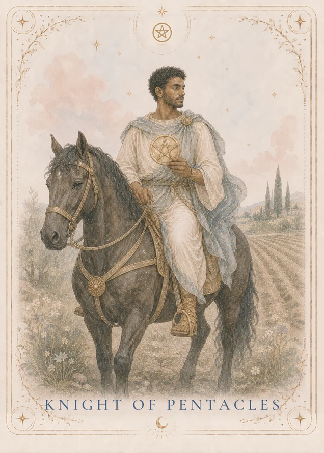 A rider in cream and blue sits on a dark horse, holding a gold pentacle against the chest and looking away from it, with furrowed fields, flowers and slender trees behind.
