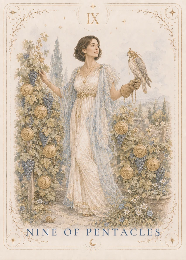 A figure in a cream dress and blue drape stands among grapevines bearing nine gold pentacles, with a hooded bird of prey on a gloved hand and a snail on the path below.