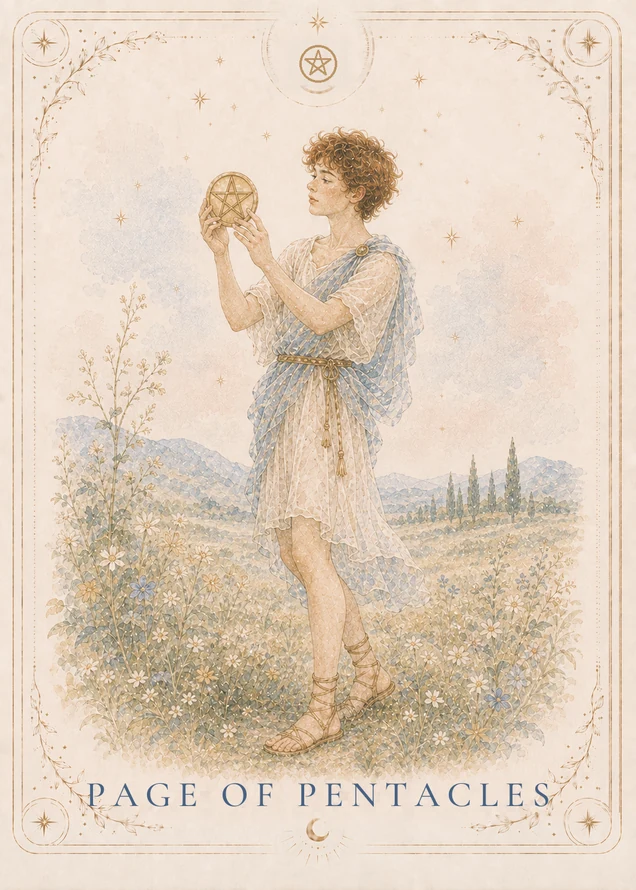 A curly-haired figure in cream and blue holds a gold pentacle in both raised hands and looks toward it, standing among flowers with hills and slender trees in the distance.