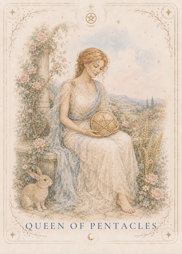 A barefoot figure in cream and blue sits on a stone seat, looking down at a gold pentacle held across the lap, beside a rose-covered arch, wheat, flowers and a rabbit.
