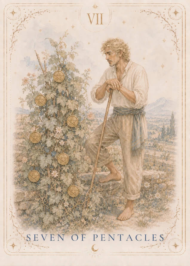 A barefoot figure rests both hands on a long wooden handle and looks toward a leafy plant bearing eight gold pentacles, beside rocky ground and distant hills.