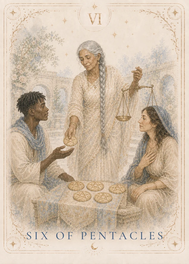 A standing gray-haired figure holds scales and offers a gold pentacle toward a seated figure’s open hand; a second person sits across a small table bearing five more pentacles.
