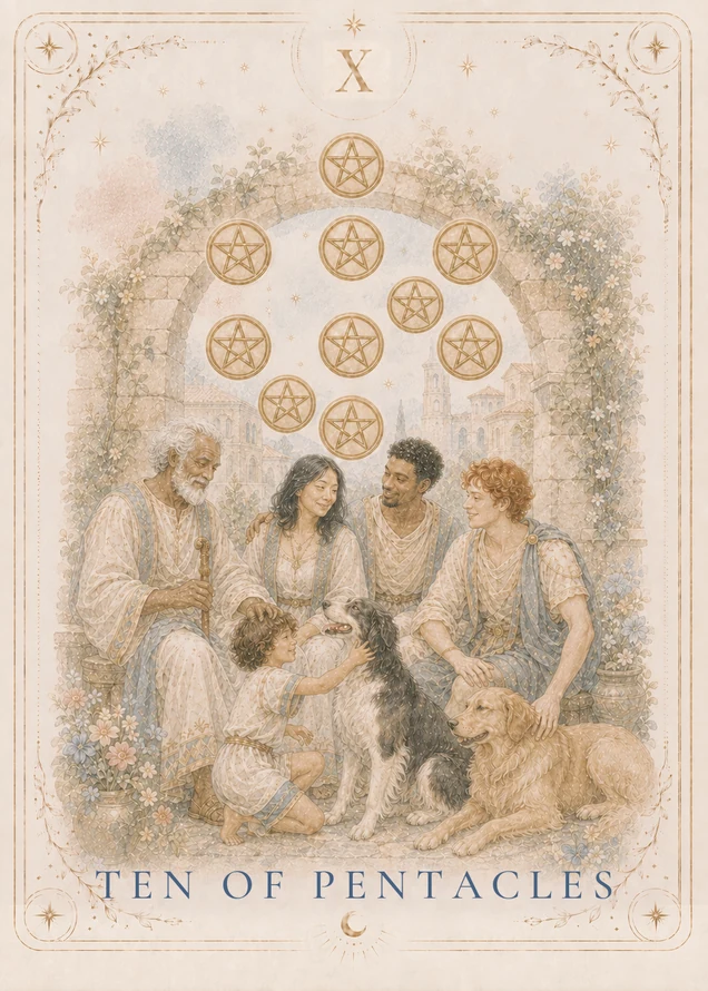 An older figure, three younger adults and a child gather with two dogs beneath a flowering stone arch and ten gold pentacles, with town buildings beyond.