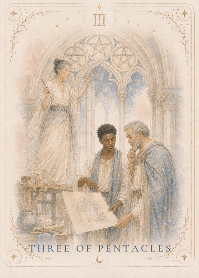 A figure holding a slender tool stands on a wooden platform beneath three pentacles in a carved stone arch, while two figures below consult a drawing of the arch.